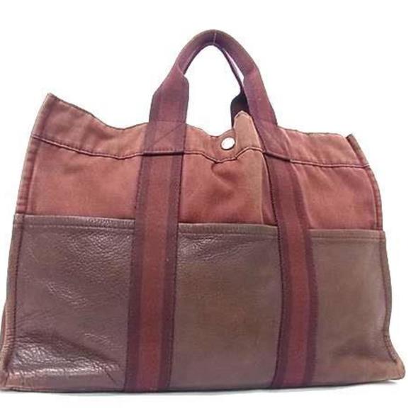 HERMES Handbags - HERMES Hermès Foule Tote MM - Bordeaux Brown Cotton Leather Half for Men and ...